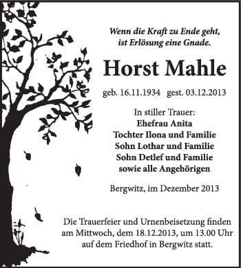 Traueranzeige von Horst Mahle von WVG - Wochenspiegel Wittenberg