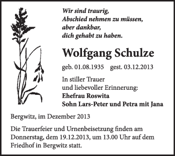 Traueranzeige von Wolfgang Schulze von WVG - Wochenspiegel Wittenberg