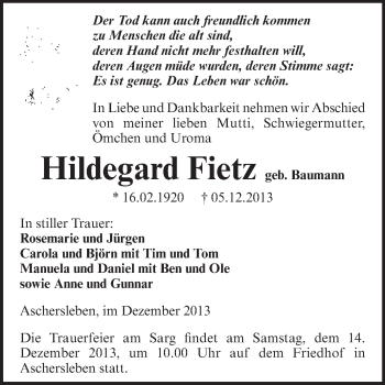 Traueranzeige von Hildegard Fietz von WVG - Wochenspiegel Aschersleben