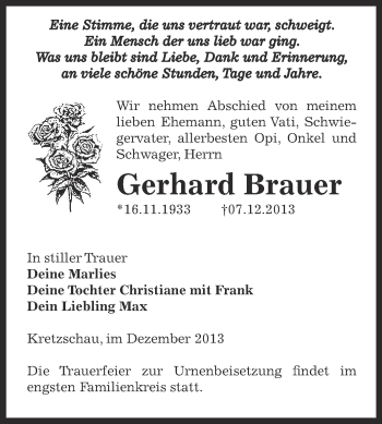Traueranzeige von Gerhard Brauer von Super Sonntag Zeitz