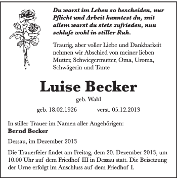 Traueranzeige von Luise Becker von Super Sonntag Dessau / Köthen