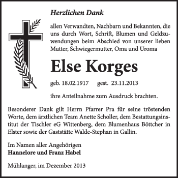 Traueranzeige von Else Korges von Super Sonntag Wittenberg