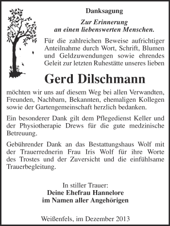 Traueranzeige von Gerd Dilschmann von WVG - Wochenspiegel NMB / WSF / ZTZ