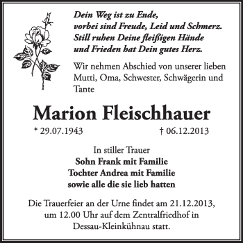 Traueranzeige von Marion Fleischhauer von Super Sonntag Dessau / Köthen