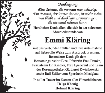 Traueranzeige von Emmi Kläring von Super Sonntag Dessau / Köthen