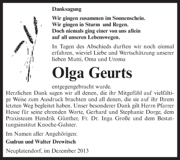 Traueranzeige von Olga Geurts von WVG - Wochenspiegel Aschersleben