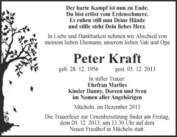 Traueranzeige von Peter Kraft von WVG - Wochenspiegel Merseburg