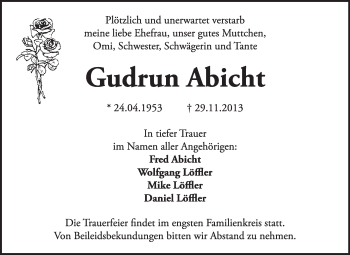 Traueranzeige von Gudrun Abicht von Super Sonntag Dessau / Köthen