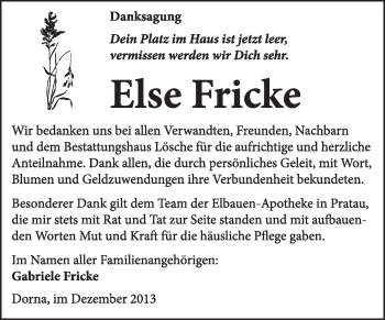 Traueranzeige von Else Fricke von WVG - Wochenspiegel Wittenberg
