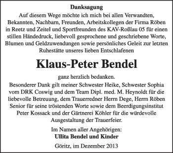 Traueranzeige von Klaus-Peter Bendel von Super Sonntag Wittenberg