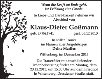 Traueranzeige von Klaus-Dieter Goßmann von WVG - Wochenspiegel Wittenberg