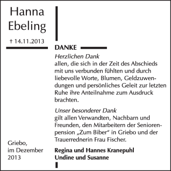 Traueranzeige von Hanna Ebeling von WVG - Wochenspiegel Wittenberg