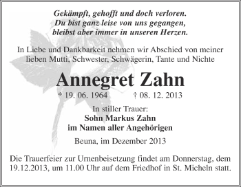 Traueranzeige von Annegret Zahn von WVG - Wochenspiegel Merseburg