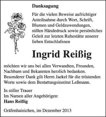 Traueranzeige von Ingrid Reißig von WVG - Wochenspiegel Wittenberg