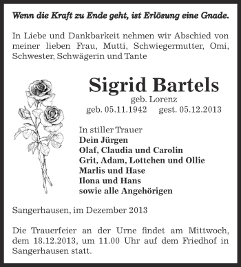Traueranzeige von Sigrid Bartels von Super Sonntag SGH Mansf. Land