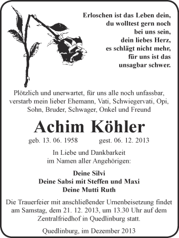 Traueranzeige von Achim Köhler von WVG - Wochenspiegel Quedlinburg