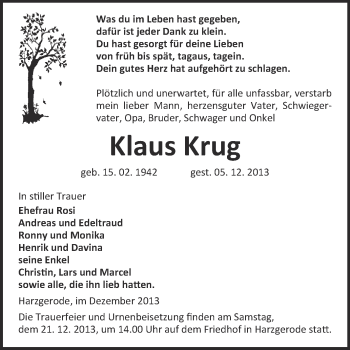 Traueranzeige von Klaus Krug von Super Sonntag Quedlinburg