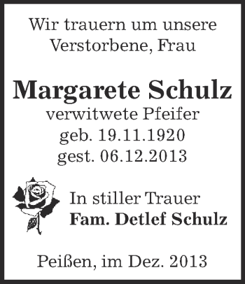 Traueranzeige von Margarete Schulz von Super Sonntag Bernburg