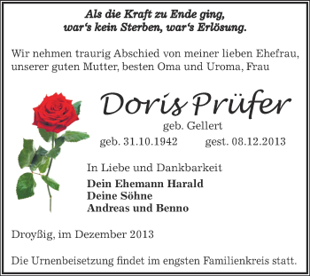 Traueranzeige von Doris Prüfer von Super Sonntag Zeitz