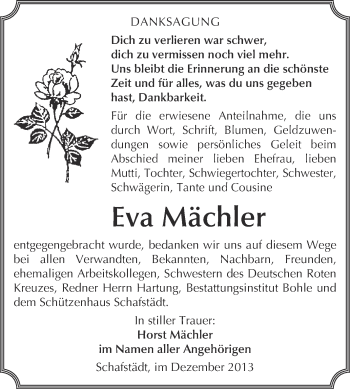 Traueranzeige von Eva Mächler von Super Sonntag Merseburg