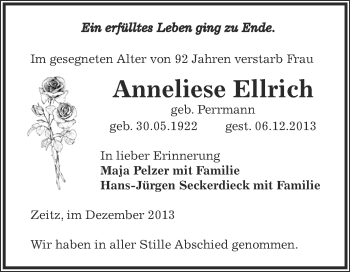 Traueranzeige von Anneliese Ellrich von Super Sonntag Zeitz