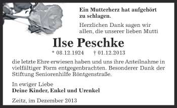 Traueranzeige von Ilse Peschke von Super Sonntag Zeitz