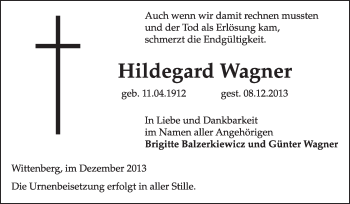 Traueranzeige von Hildegard Wagner von Super Sonntag Wittenberg