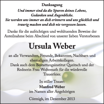 Traueranzeige von Ursula Weber von Super Sonntag Dessau / Köthen