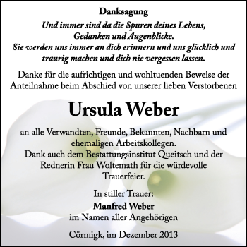 Traueranzeige von Ursula Weber von Super Sonntag Dessau / Köthen