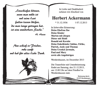 Traueranzeige von Herbert Ackermann von Super Sonntag Dessau / Köthen