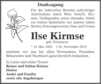 Traueranzeige von Ilse Kirmse von Super Sonntag Zeitz