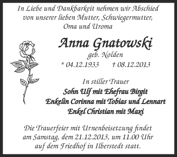 Traueranzeige von Anna Gnatowski von Super Sonntag Bernburg