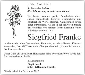 Traueranzeige von Siegfried Franke von Super Sonntag Merseburg
