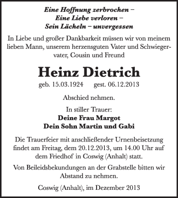 Traueranzeige von Heinz Dietrich von Super Sonntag Wittenberg