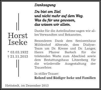 Traueranzeige von Horst Iseke von Wochenspiegel Mansfelder Land