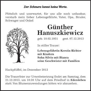 Traueranzeige von Günther Hanuszkiewicz von Super Sonntag SGH Mansf. Land