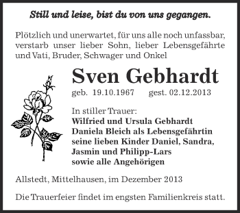 Traueranzeige von Sven Gebhardt von Super Sonntag SGH Mansf. Land