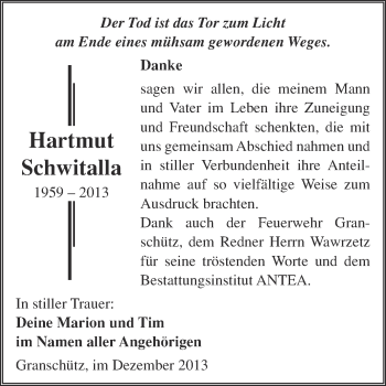 Traueranzeige von Hartmut Schwitalla von WVG - Wochenspiegel NMB / WSF / ZTZ