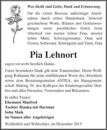 Traueranzeige von Pia Lehnort von WVG - Wochenspiegel NMB / WSF / ZTZ