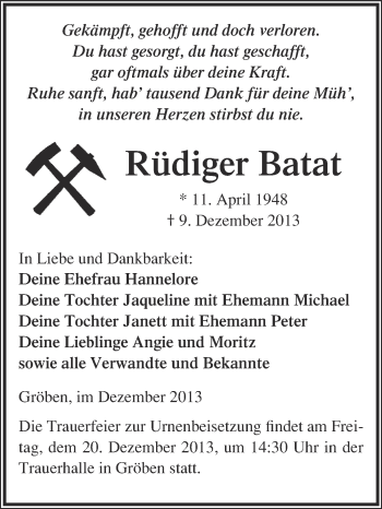 Traueranzeige von Rüdiger Batat von WVG - Wochenspiegel NMB / WSF / ZTZ