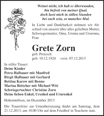 Traueranzeige von Grete Zorn von WVG - Wochenspiegel NMB / WSF / ZTZ