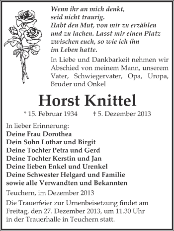Traueranzeige von Horst Knittel von WVG - Wochenspiegel NMB / WSF / ZTZ