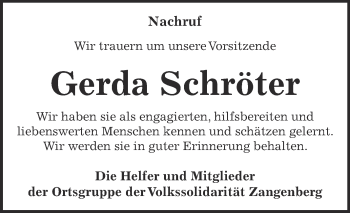Traueranzeige von Gerda Schröter von Super Sonntag Zeitz