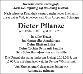 Traueranzeige von Dieter Pflanze von Super Sonntag Dessau / Köthen