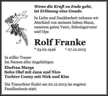 Traueranzeige von Rolf Franke von Super Sonntag Dessau / Köthen