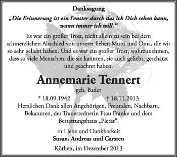 Traueranzeige von Annemarie Tennert von Super Sonntag Dessau / Köthen