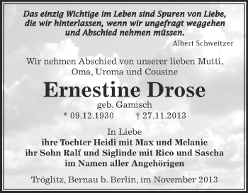 Traueranzeige von Ernestine Drose von Super Sonntag Zeitz