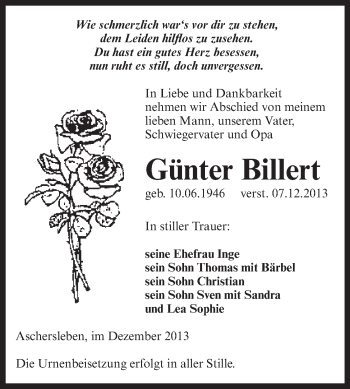 Traueranzeige von Günter Billert von Super Sonntag Aschersleben