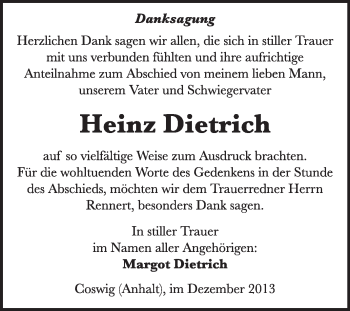 Traueranzeige von Heinz Dietrich von Super Sonntag Wittenberg
