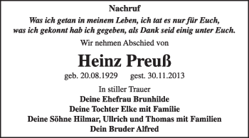 Traueranzeige von Heinz Preuß von Super Sonntag Dessau / Köthen